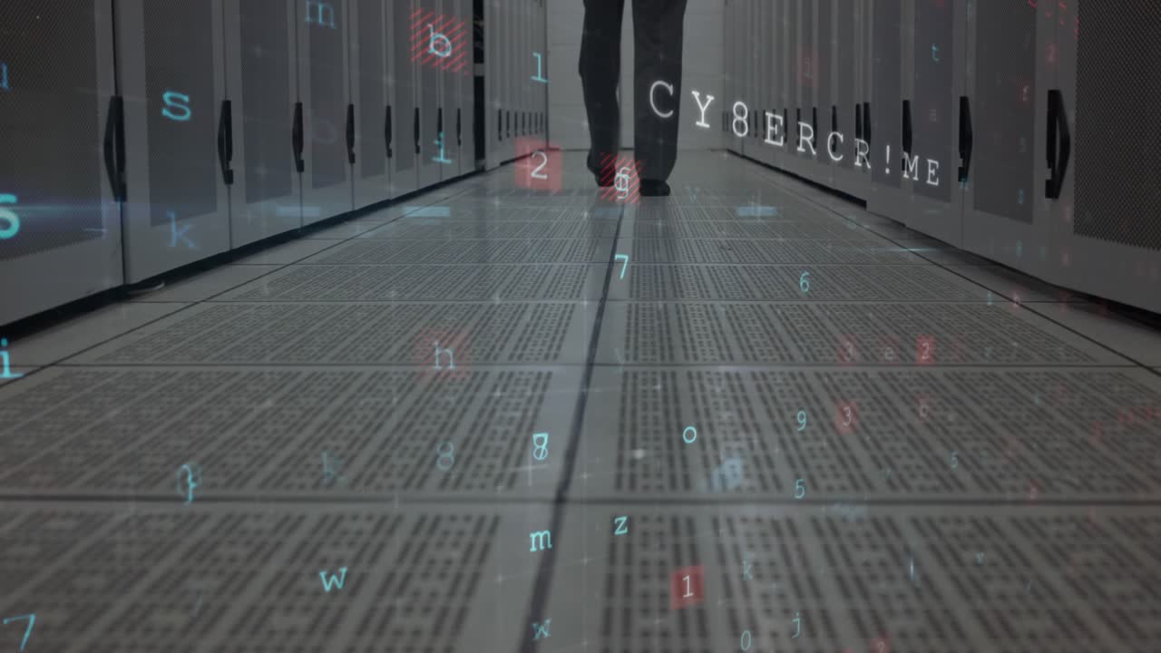 Animation of cyber attack warning, data processing over computer servers and male it engineer