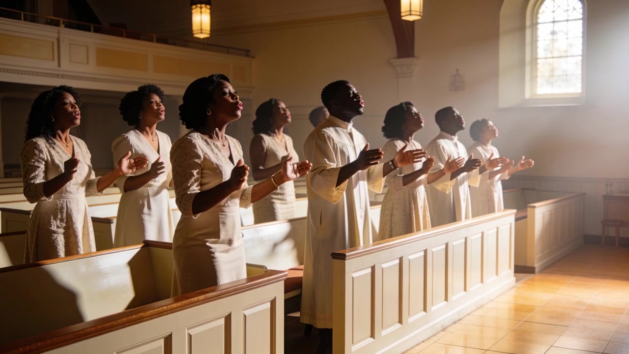 Hearing verse, choir in cream gowns and white robe singing, clapping, worshiping in church pews
