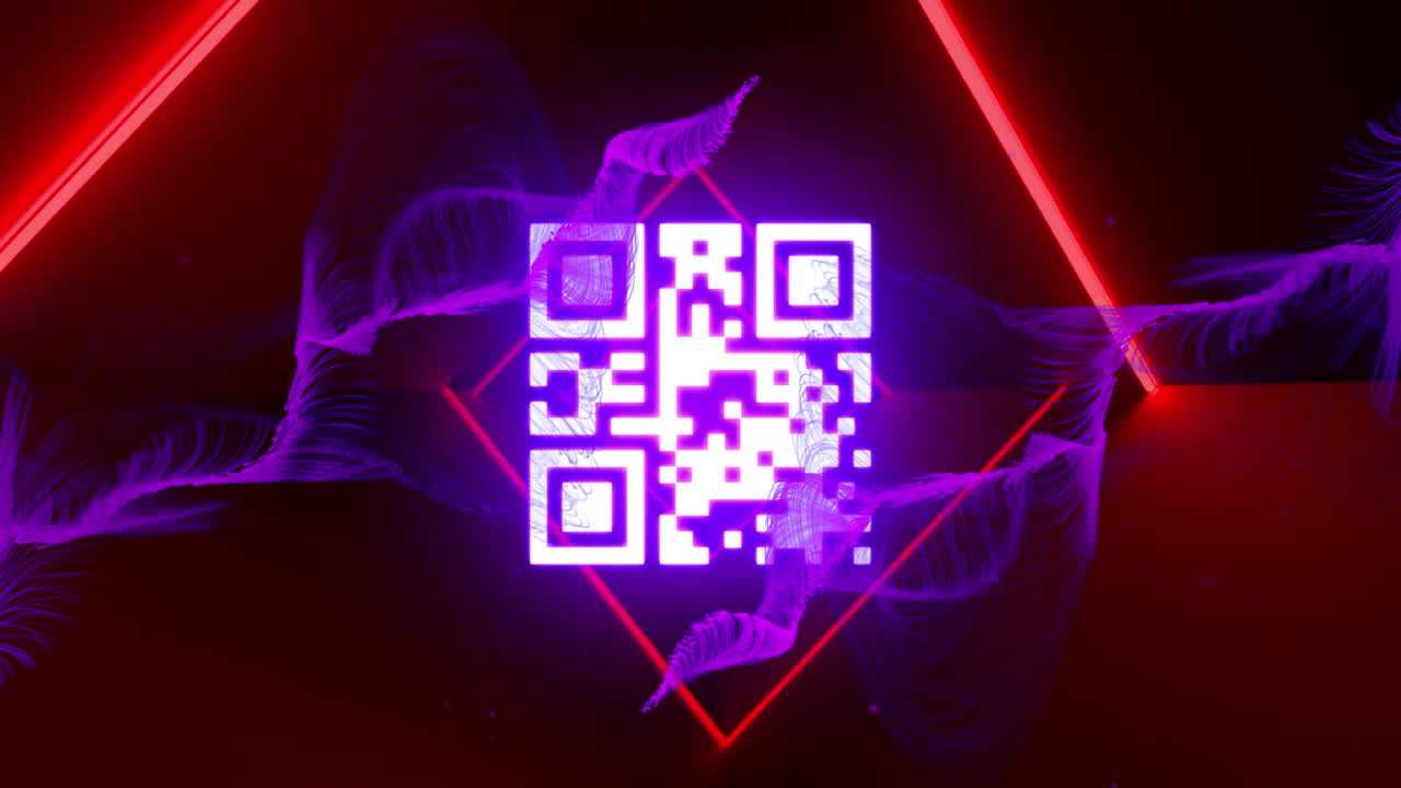 QR code scanner with neon elements against digital waves on black background