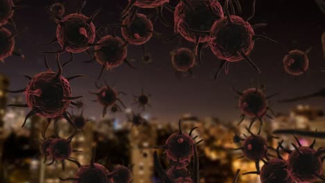 Animation-Des-Corona-Virus-Mit-Stadt-Im-Hintergrund