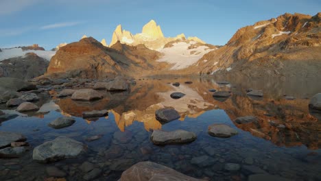 mount fitz roy timelapse, patagonian landscape of melt lake, clean water and snowy peaks, ice field coast in argentine and chilean beautiful patagonia