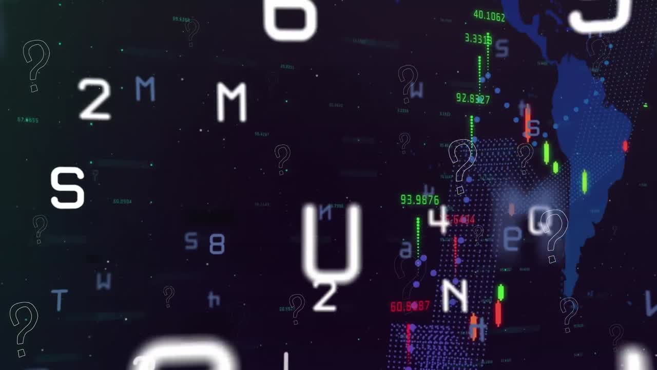 Multiple changing numbers and alphabets against financial data processing on blue background