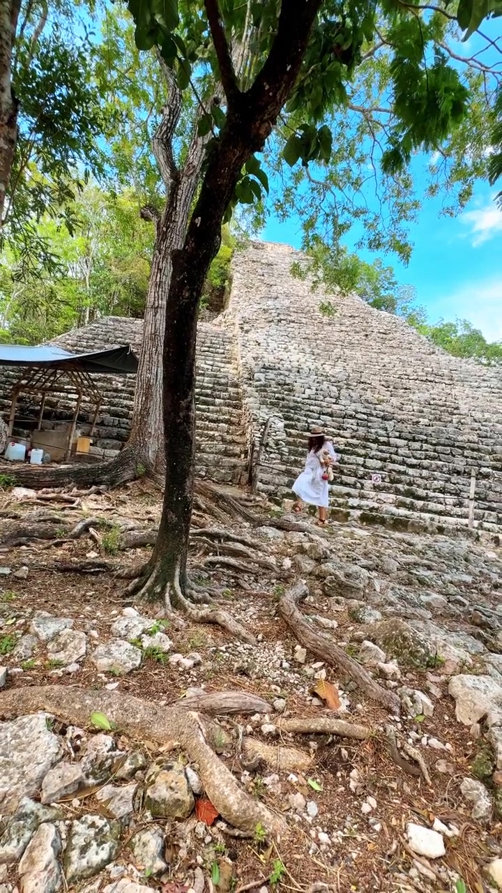 Visita a un'antica piramide in Messico durante il giorno. Una persona si trova vicino a una grande piramide di pietra in Messico, circondata da alberi e radici.