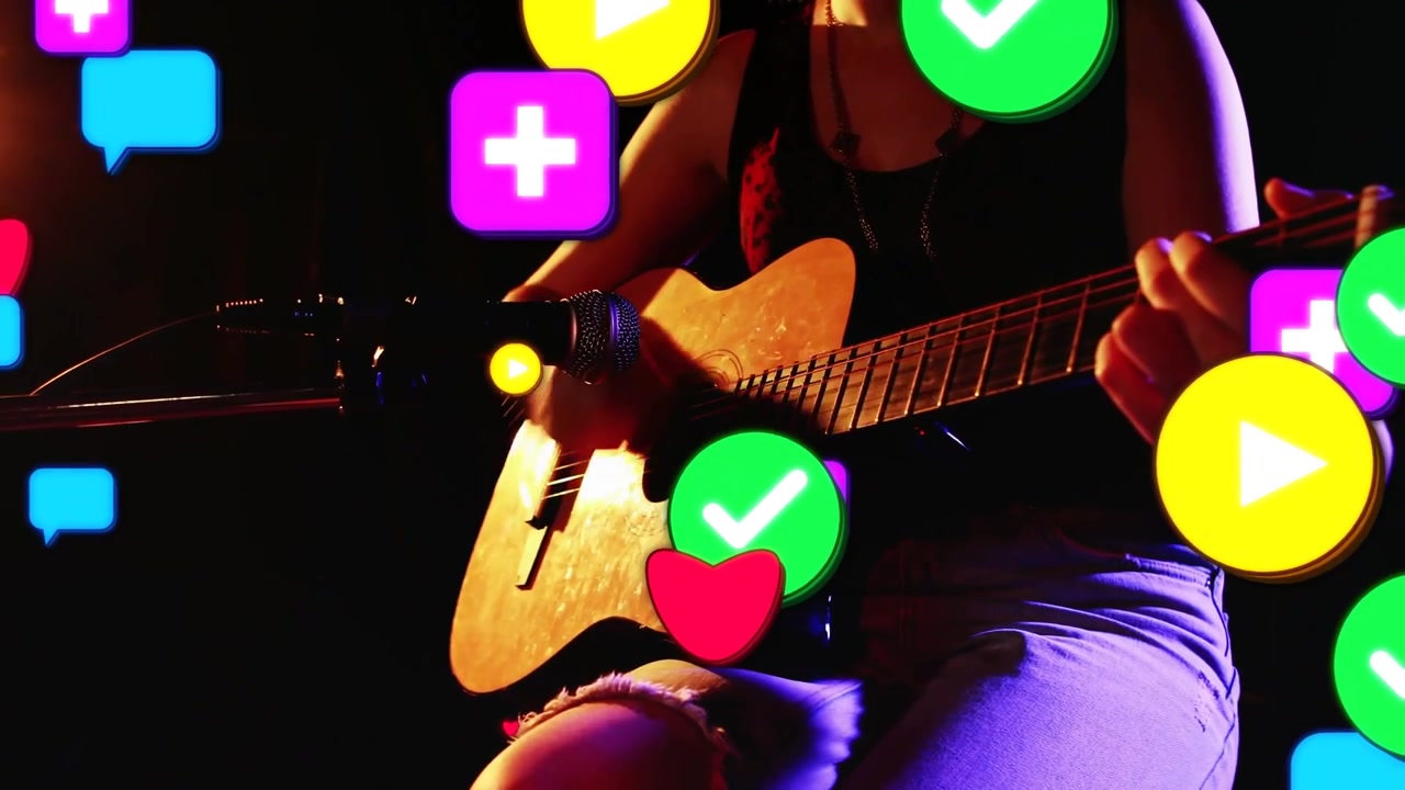 Spotlight turning on, teen guitarist sitting strumming guitar icons rising and visualizing feedback