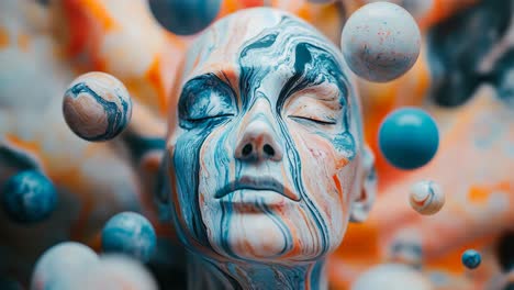 Abstract Woman Face with Marbled Paint and Floating Spheres