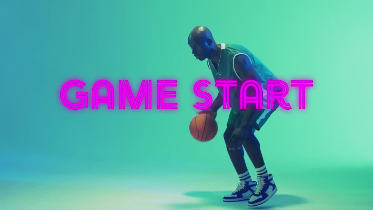 Animation of game start text over basketball player on neon background