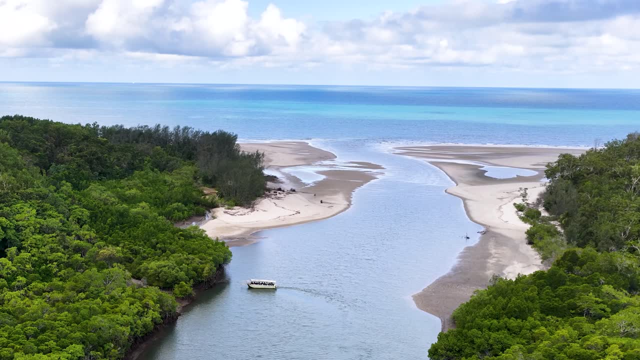 Drone glides above river meeting ocean, lush mangroves, sandy beach, bright daylight, smooth movement