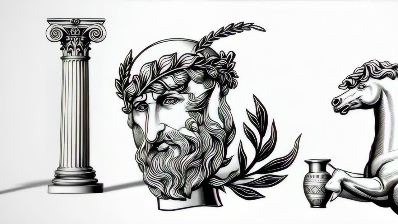 Classical Mythology Illustrations: Bearded Gods and Ancient Symbols
