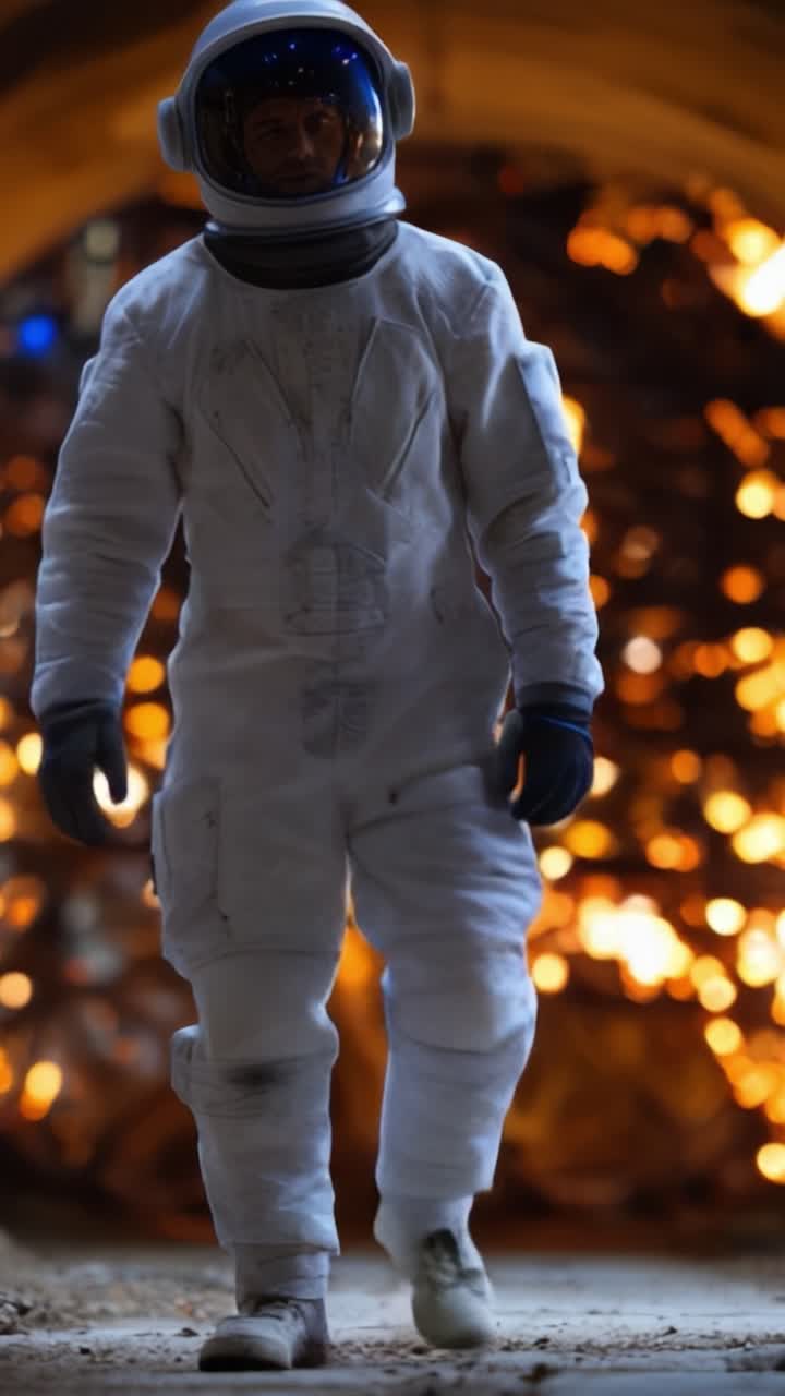Un astronauta con un traje espacial futurista camina con confianza por un túnel brillante, mostrando la fusión de tecnología avanzada y exploración en un escenario dramático.