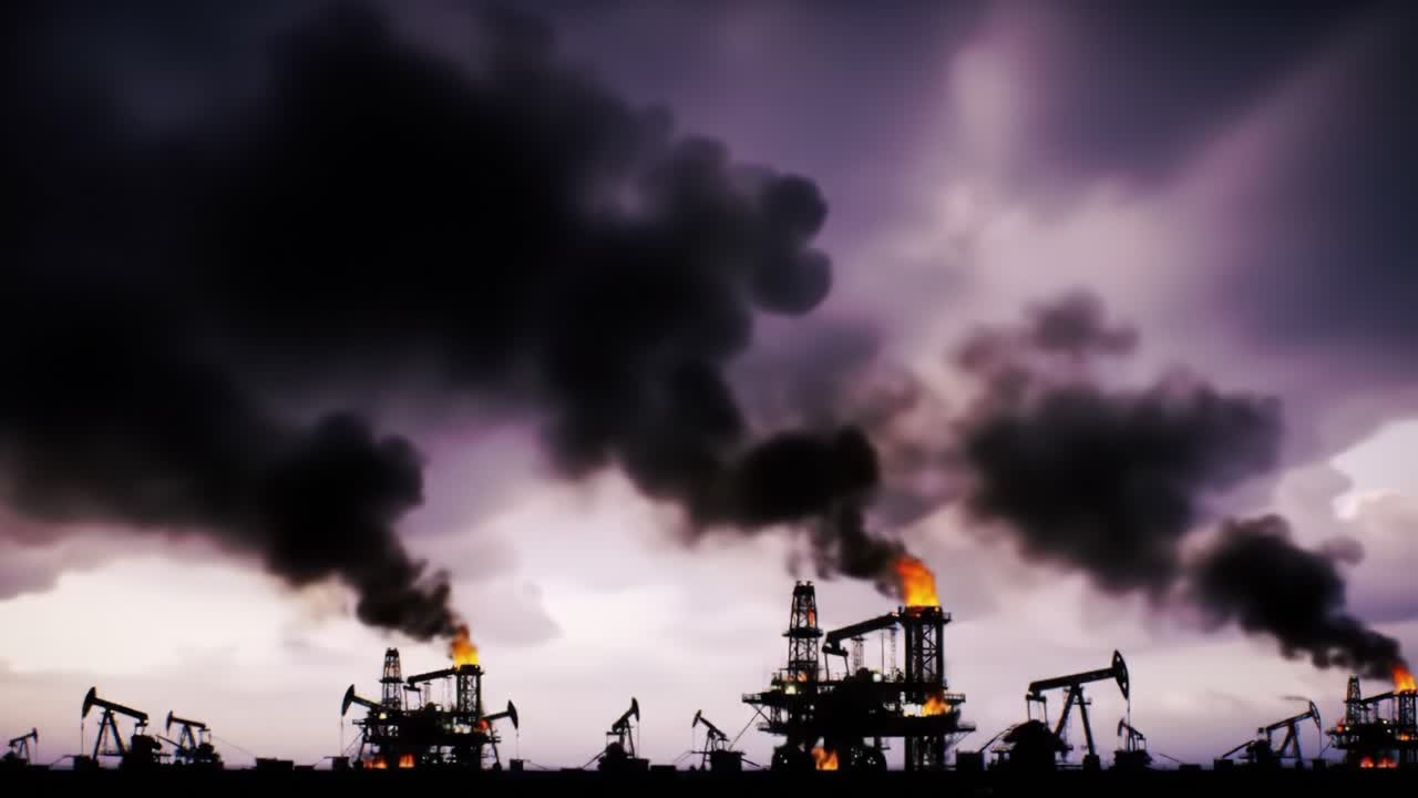 Dramatic View of Oil Rigs under Darkening Skies, Capturing the Intensity of Industrial Operations Amidst Smoke and Flames during Evening Hours