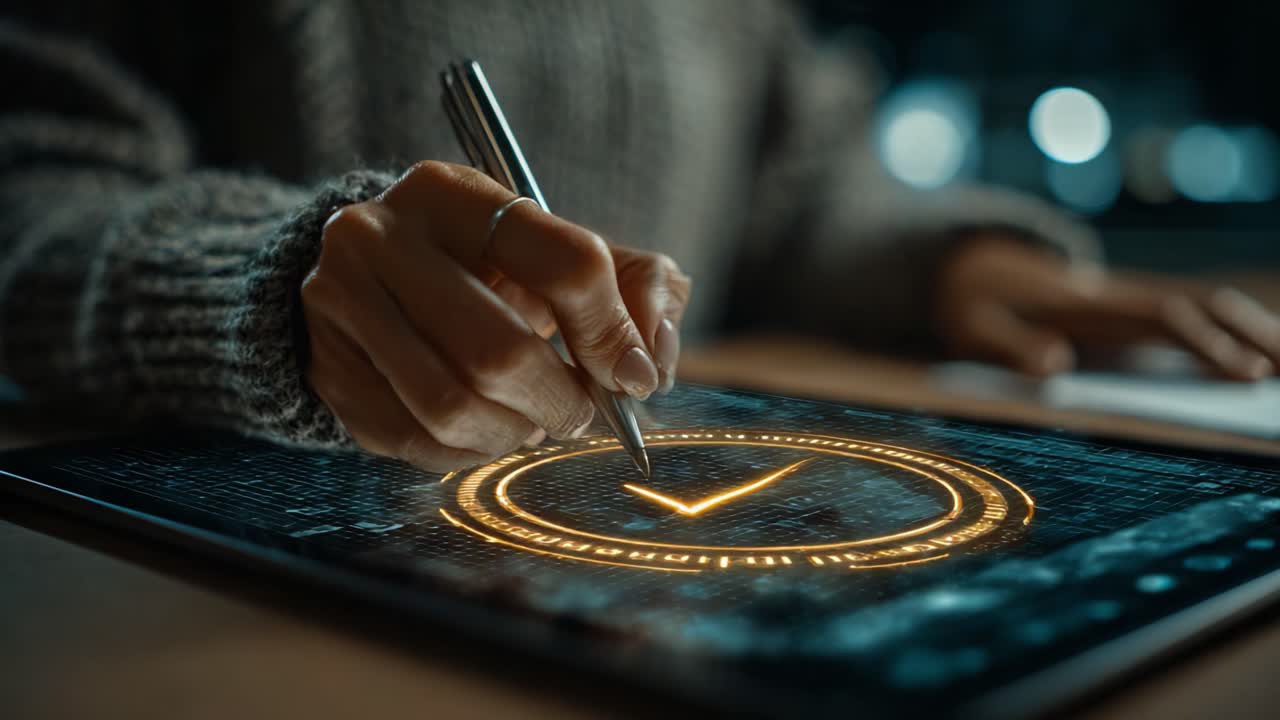 In a Digital Workspace: A Person Using a Stylus to Create a Checkmark on a Tablet Screen, Symbolizing Success and Achievement in Modern Technology