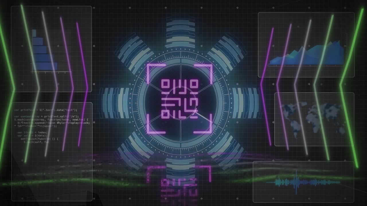 검은색 배경에 대한 데이터 처리 인터페이스를 통해 qr 코드 스캐너의 애니메이션