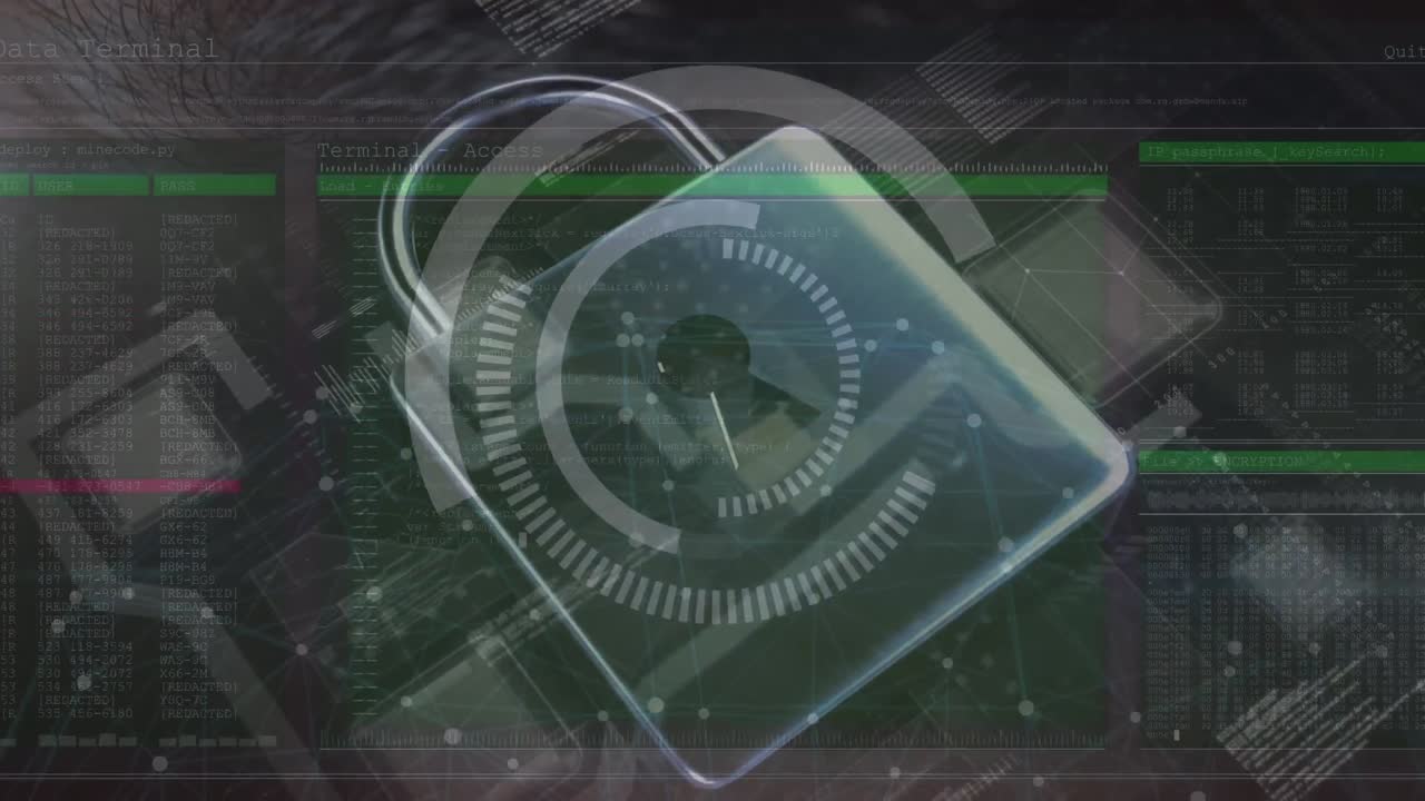 animación del procesamiento de datos y el candado sobre fondo negro