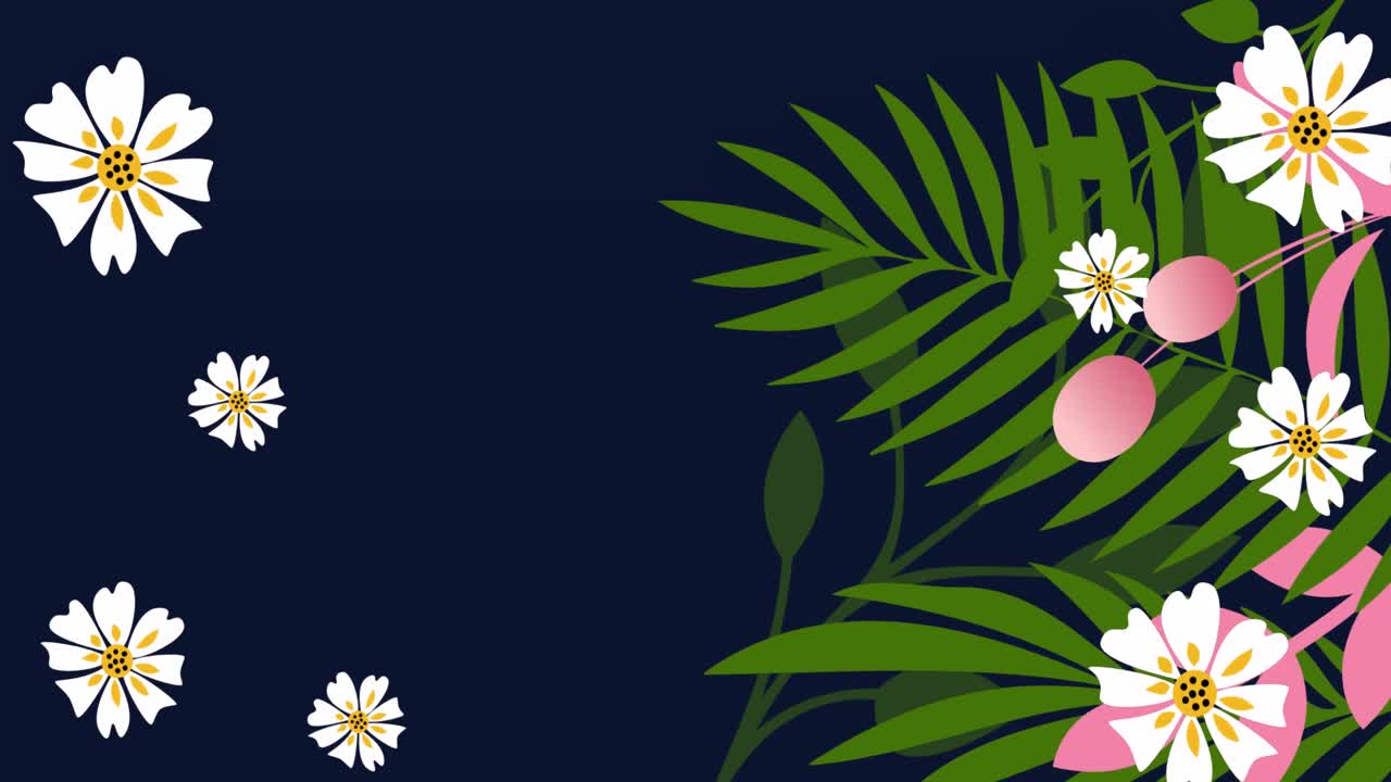 Animation of flowers with moving leaves and buds against black background