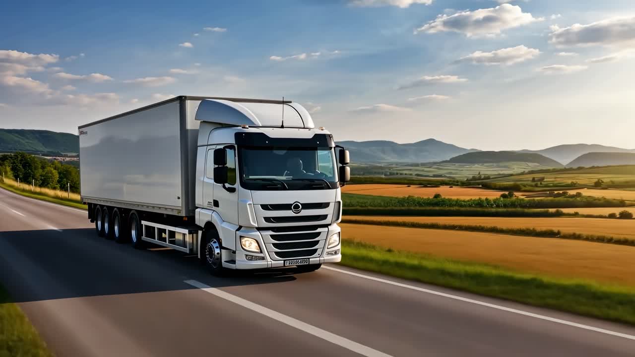 Aerial video of a white truck driving on a scenic highway, surrounded by fields and hills