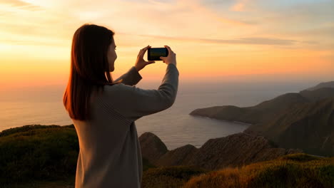 woman capturing sunset landscape with smartphone