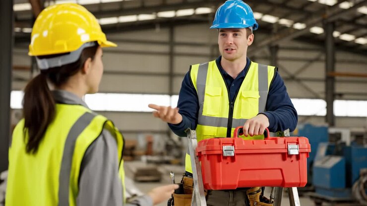 Lavoratori edili che discutono piani in una fabbrica