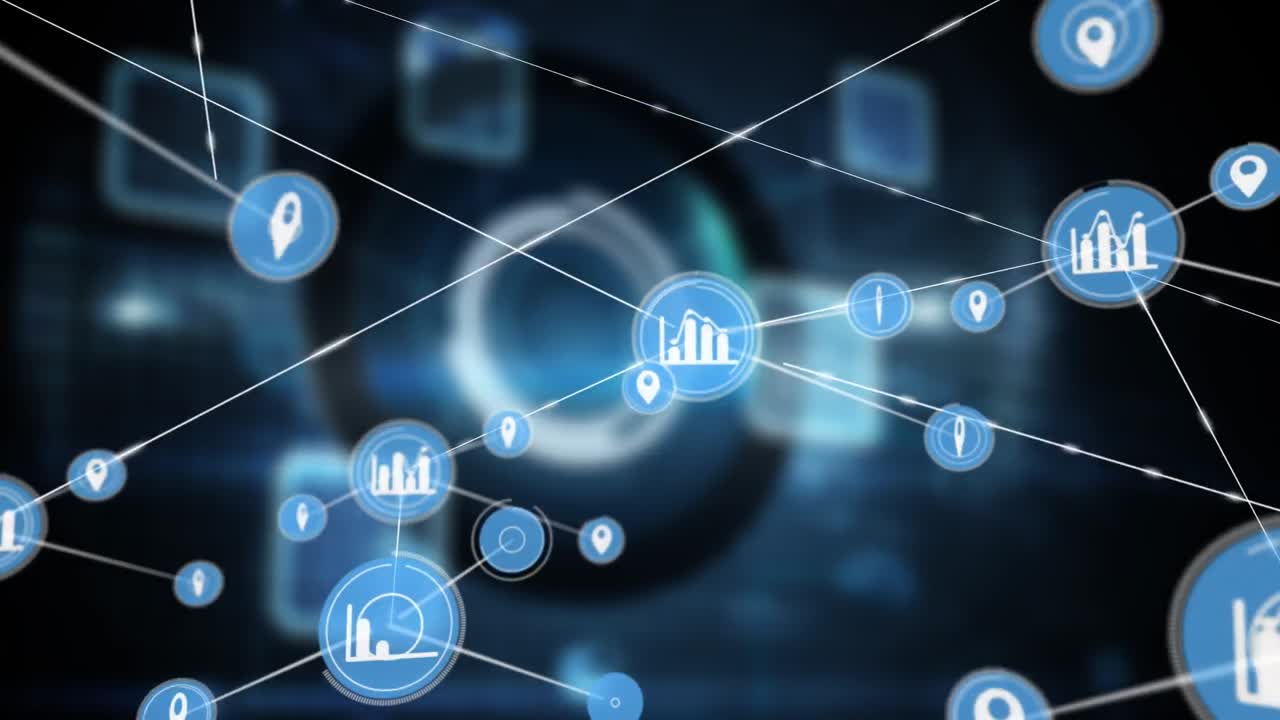 Animazione di una rete di connessioni con icone su forme su sfondo nero