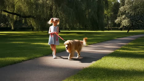 Young Girl Walking Her Golden Retriever in a Park