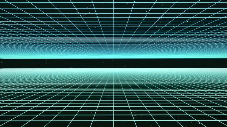 Animation of gaming features and equipment with grid on black background