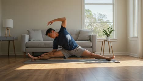 dynamic stretching routine: a man practicing flexibility and balance exercises in a sunlit living room to enhance physical well-being and relaxation