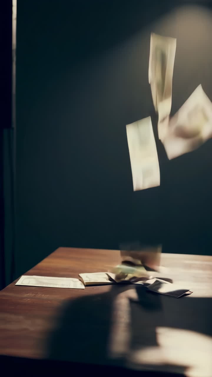 Falling Money on a Wooden Table