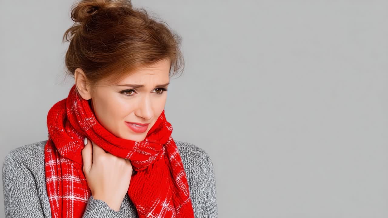 Uma mulher expressando desconforto usando um lenço vermelho contra um fundo neutro, exibindo emoções de mal-estar e preocupação em um momento elegante, porém vulnerável.