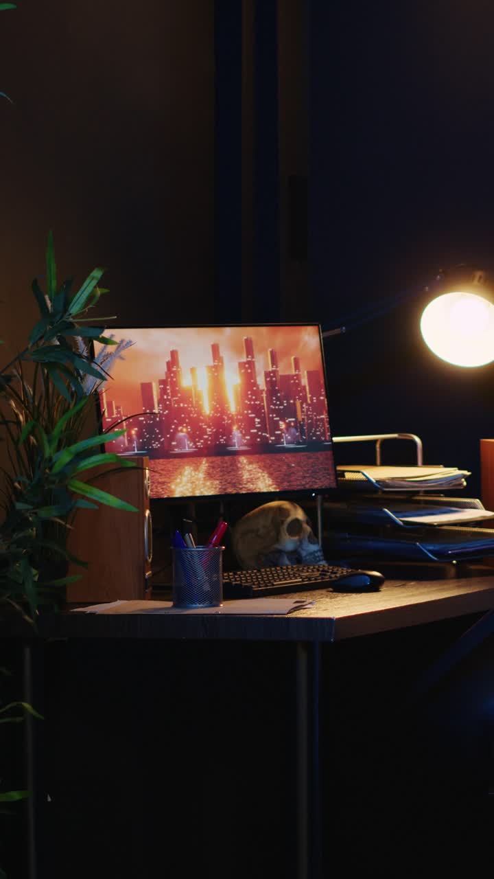 Video verticale di un soggiorno illuminato da luci al neon con animazioni in rendering in 3D in esecuzione su potenti monitor per PC