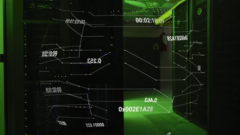 redes y procesamiento de datos sobre iluminación verde, sala de servidores de computadoras oscura