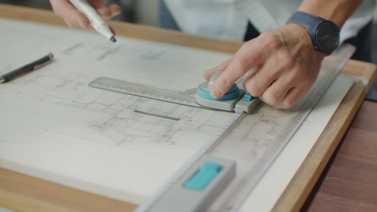 un arquitecto masculino crea un dibujo de un edificio en papel. para estudiar el diseño de las instalaciones para crear muebles y casas. gran oficina moderna dibuja en la pizarra.