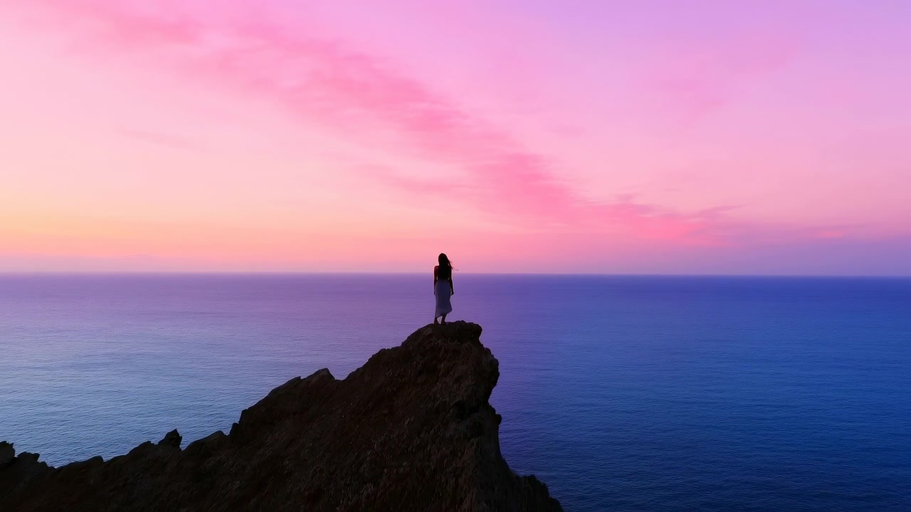 Una persona se encuentra en un acantilado rocoso, observando el impresionante atardecer sobre el océano. La escena es pacífica y contemplativa, capturada desde una perspectiva de gran angular que enfatiza la inmensidad.