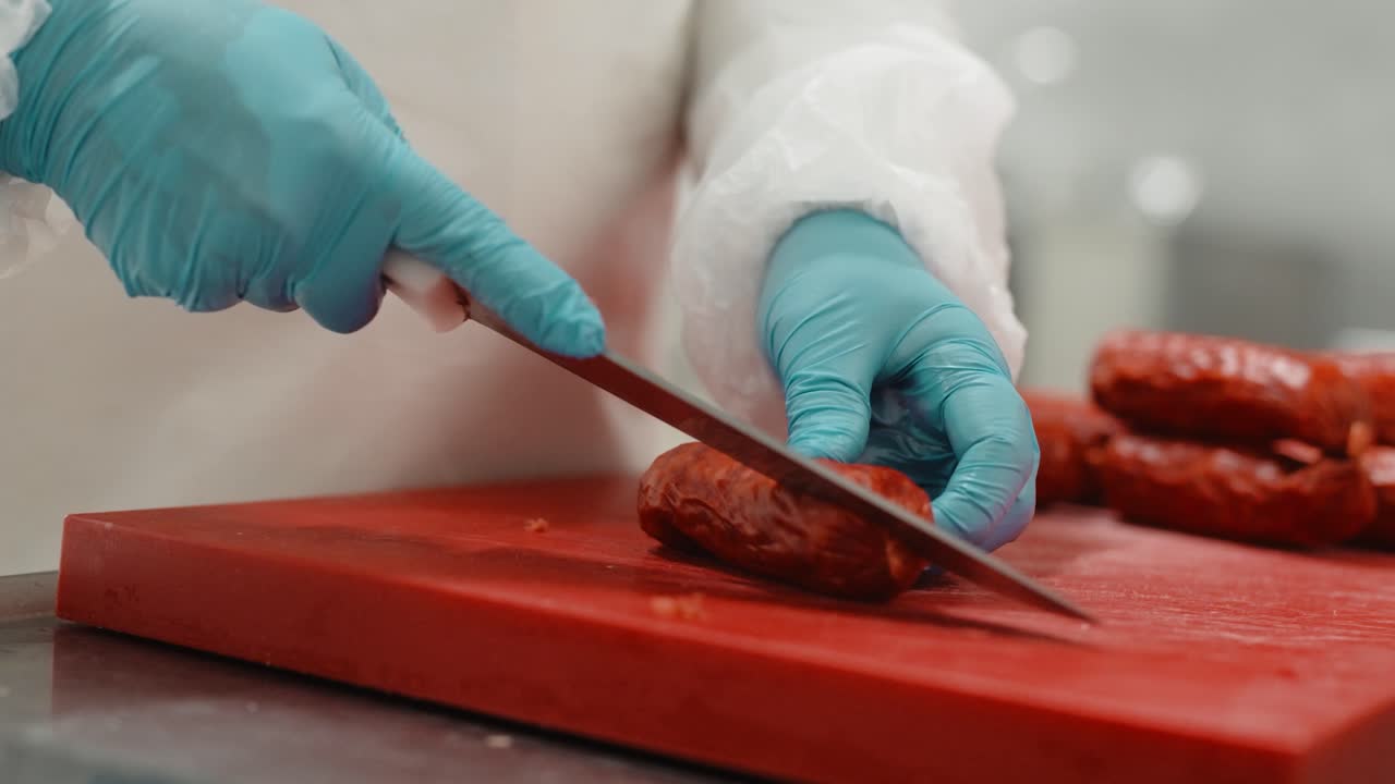 Close up of gloved hands cutting sausage with knife on board