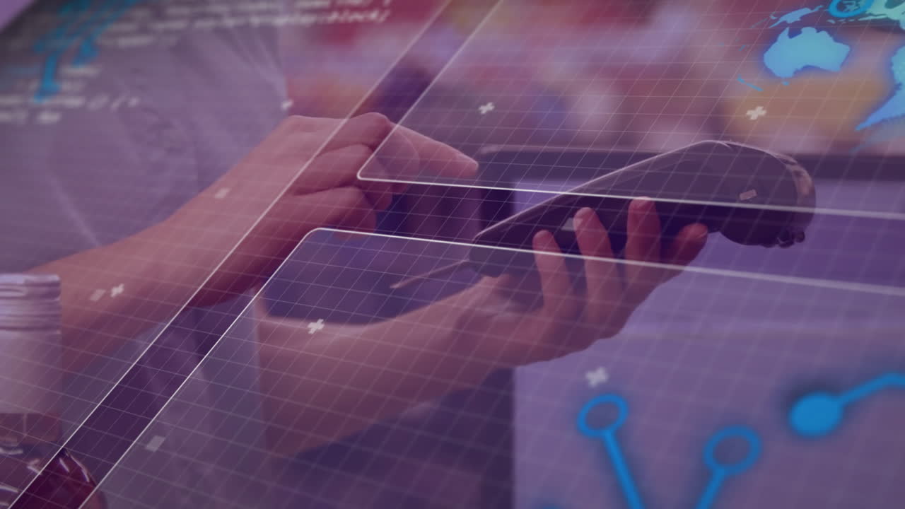 persona que sostiene un teléfono inteligente, que interactúa con la animación de datos en el fondo de la cuadrícula