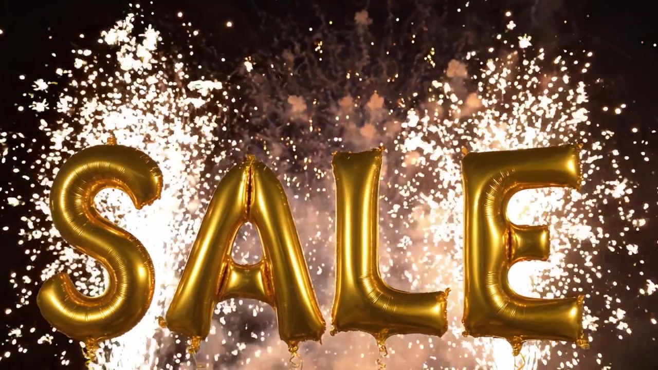 Celebrazione festiva con palloncini dorati che formano la parola 'SALDI', circondata da fuochi d'artificio colorati e scintille, perfetta per eventi promozionali e campagne di marketing.