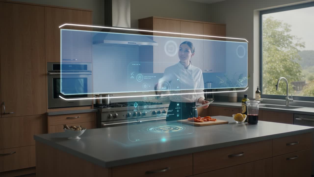 A Modern Chef Utilizes Advanced Cooking Technology in a Contemporary Kitchen Environment While Preparing Fresh Ingredients on a Stylish Countertop