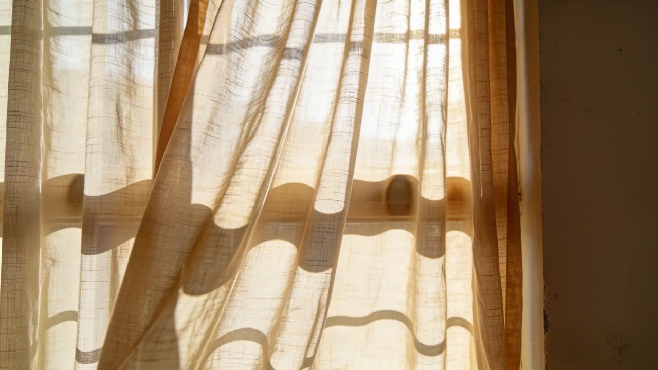 Tenda velata beige che ondeggia delicatamente sulla finestra per una leggera brezza, il tessuto inondato dalla luce del sole.