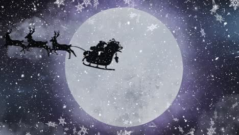 Digitale-Animation-Von-Schneeflocken,-Die-über-Die-Schwarze-Silhouette-Des-Weihnachtsmanns-Im-Schlitten-Fallen