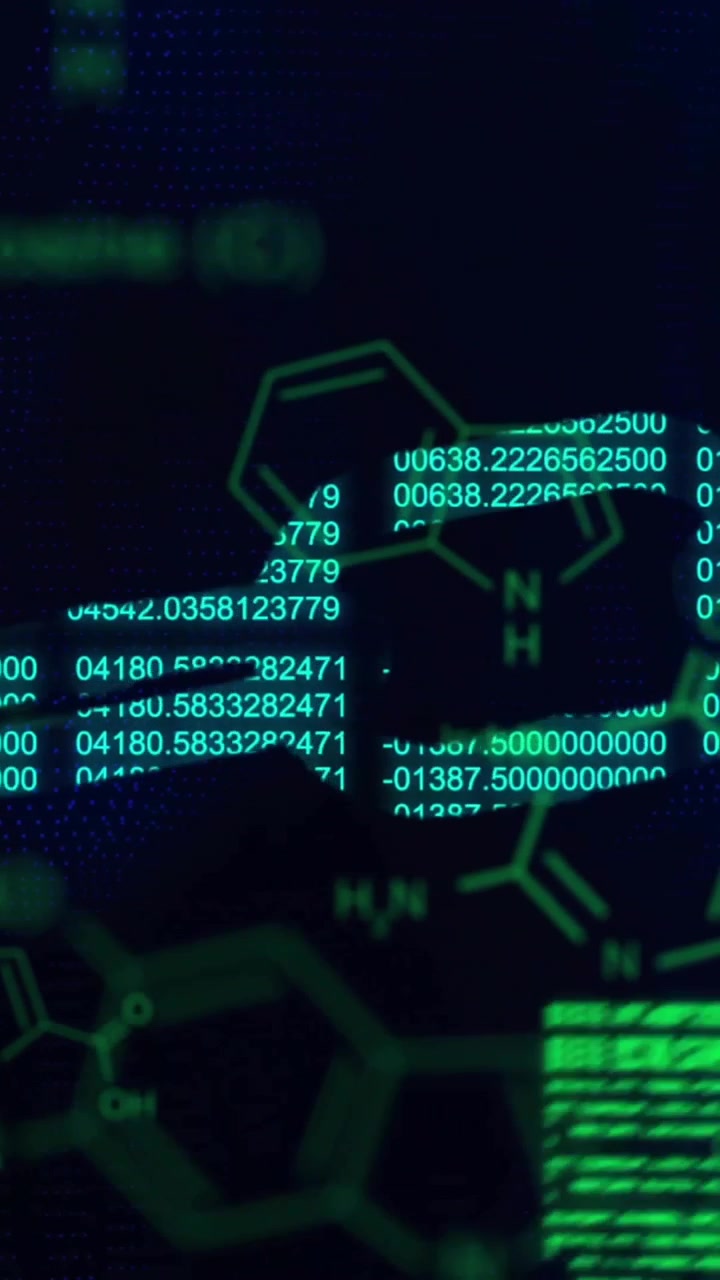 Animación de números cambiantes formando blockchain y lenguaje informático sobre estructuras moleculares.