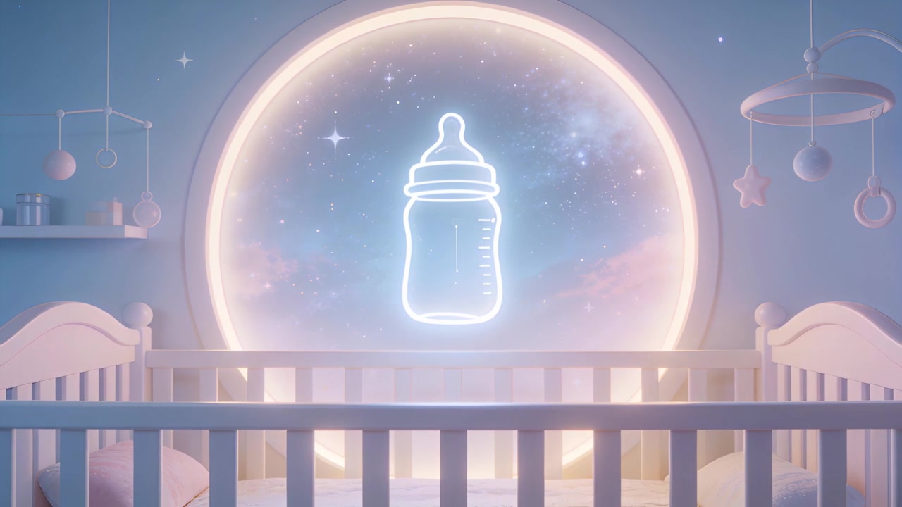 Pulsing halo ring causing neon-outline bottle glowing above crib in pastel nursery, mobile visible
