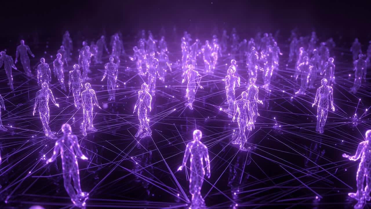 A Captivating View of Ethereal Figures Generated from Light, Interacting in a Dynamic Digital Network, Creating an Aura of Intrigue and Mystery as They Move Across the Shimmering Space