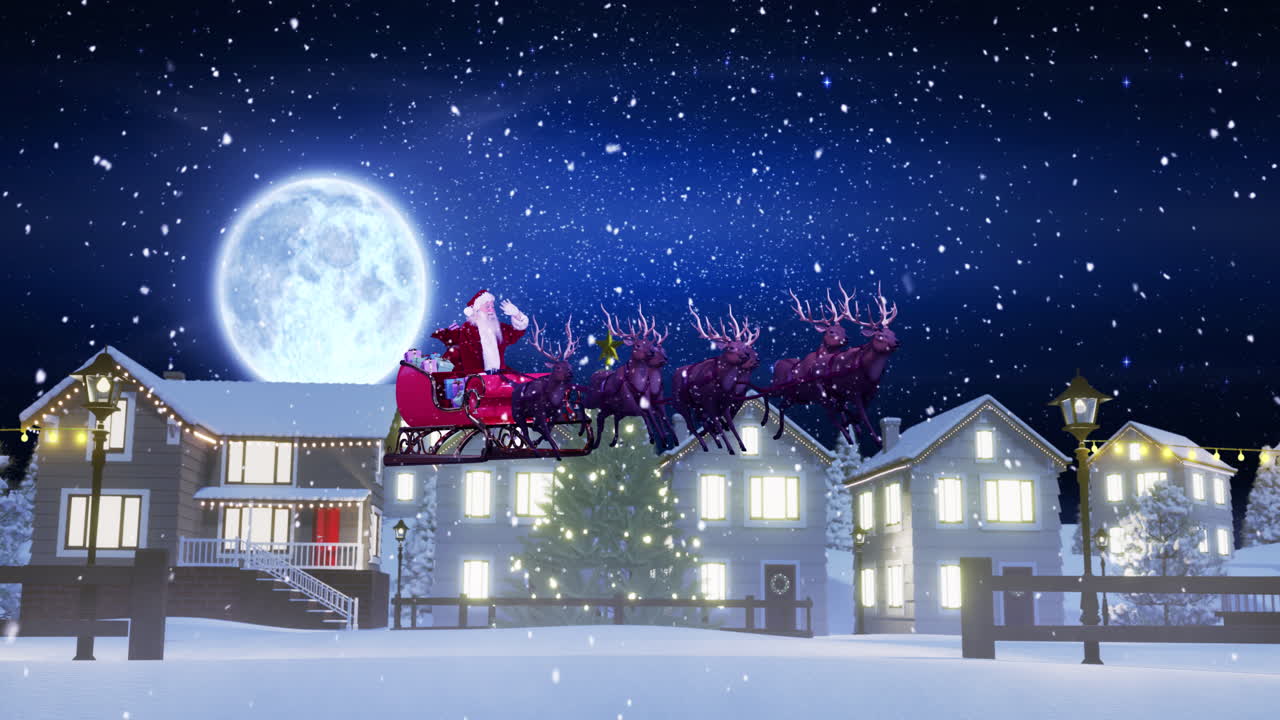 Animation of snow falling over christmas santa claus in sleigh with reindeer in winter scenery