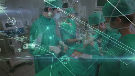 animación de la red conectada y datos médicos sobre cirujanos caucásicos que operan al paciente