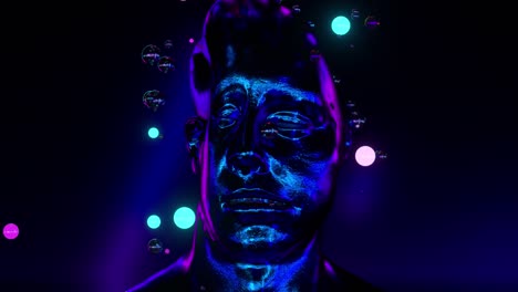 divertida animación 3d de una cara de metal blando arrugado. la cara de cromo humano está arrugada. concepto de descanso y relajación. una ducha de esferas se derrama sobre mi cabeza. renderizado 3d de bucle sin costuras.