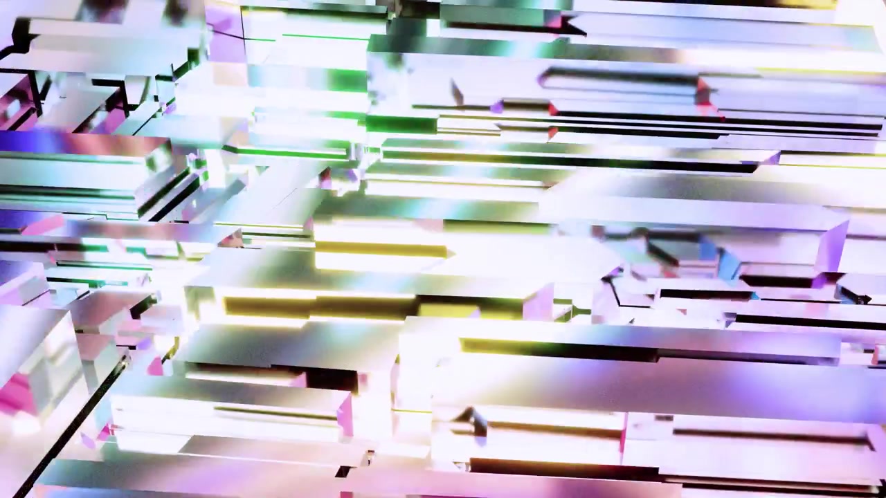 Abstract Geometric Shapes with Iridescent Reflections Moving Through Digital Space