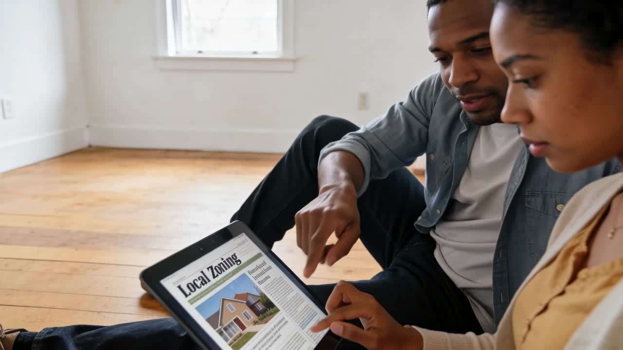 Vertical video: Woman tapping tablet while man pointing in room, checking local zoning for house