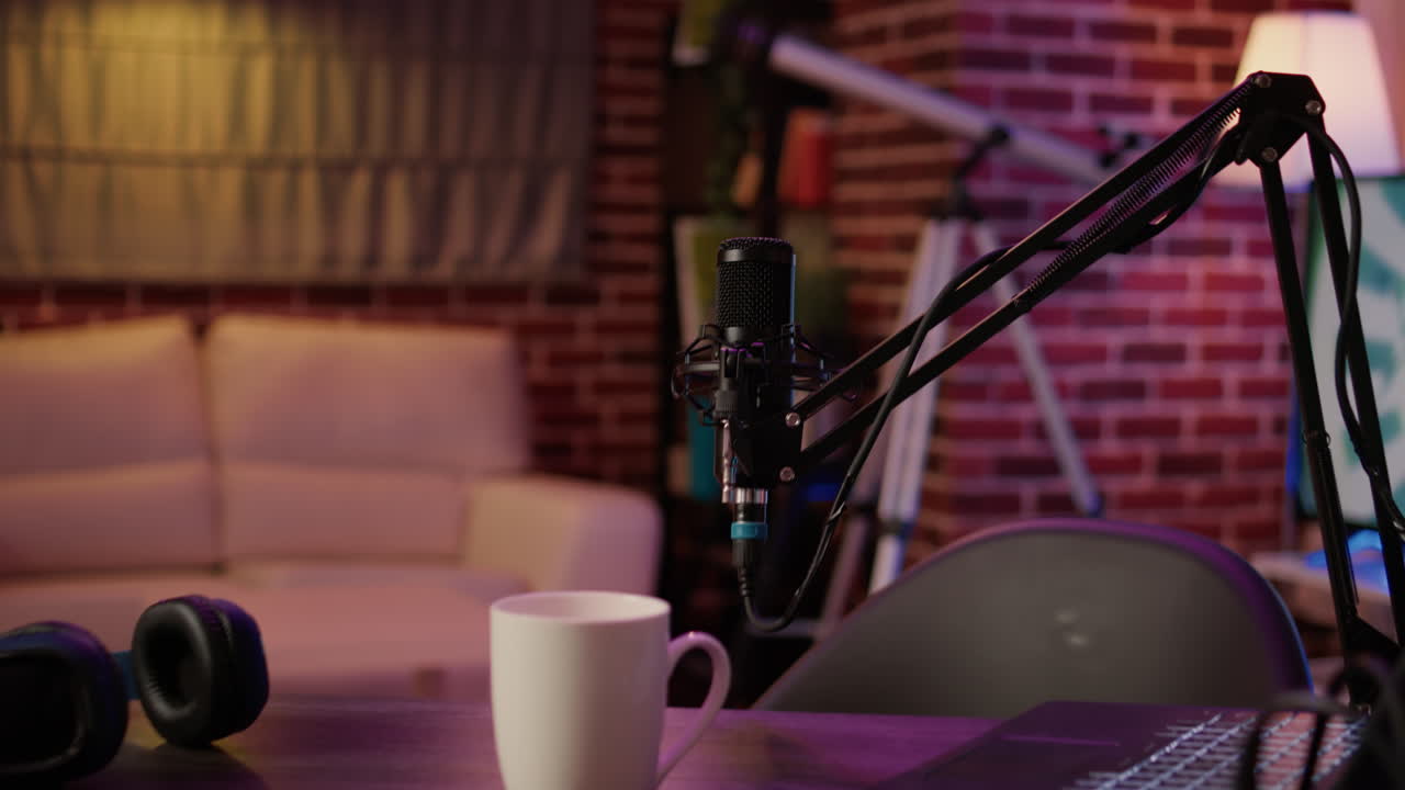 Nobody in podcast home studio with microphone boom arm and audio recording professional mixer