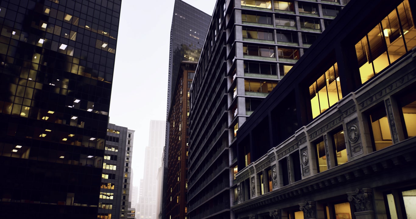 Midday city scene featuring layered facades and industrial elements