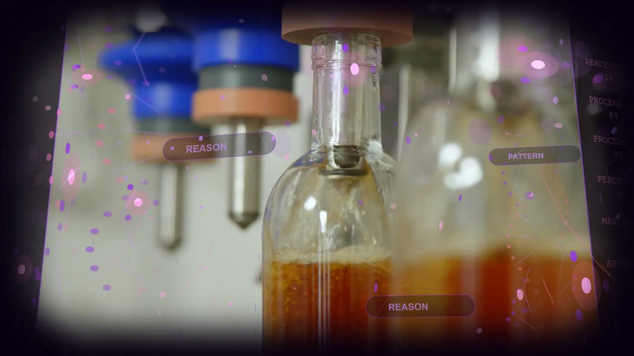 Nozzle initiating pulsing fill, depositing brown liquid into center bottle, HUD tracking production