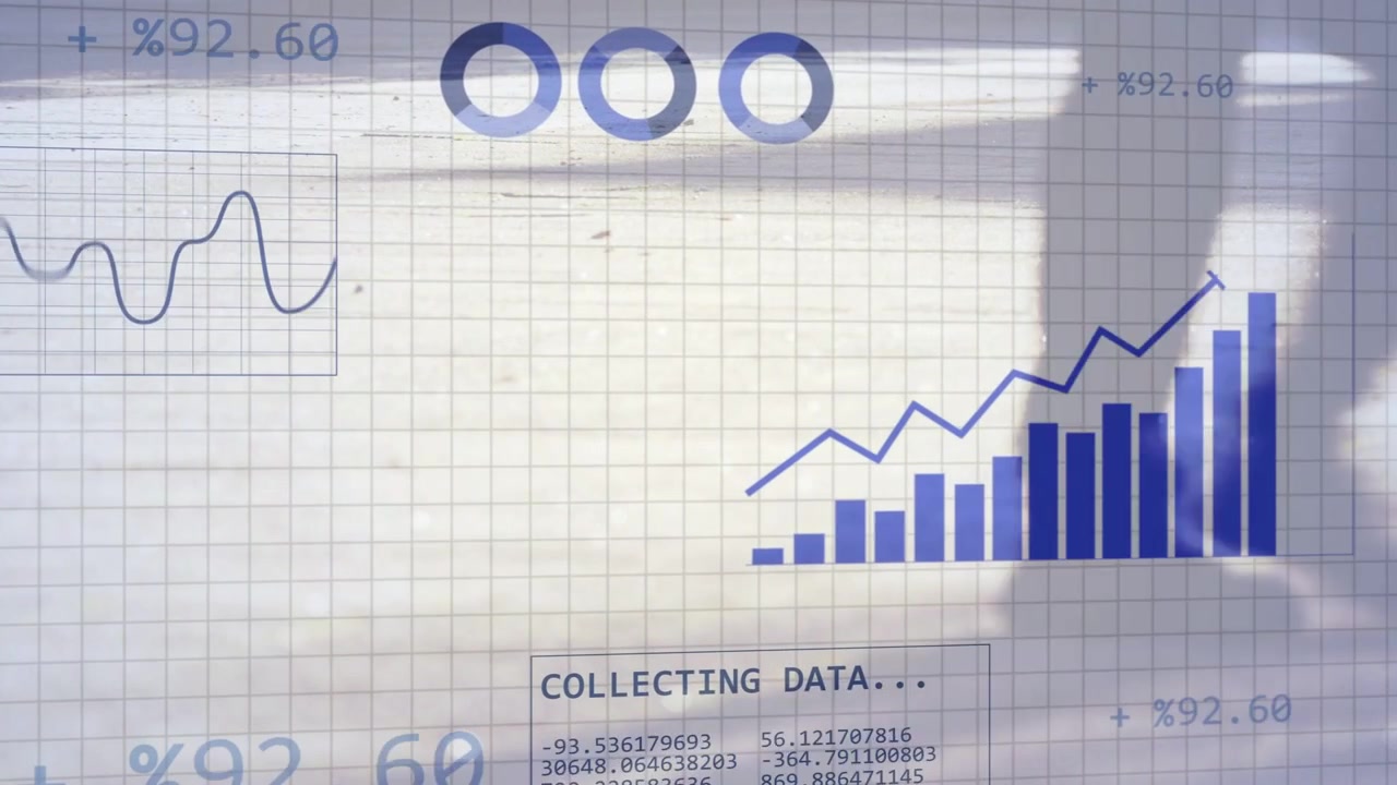 Animated data viz responding to COLLECTING DATA appearing, bars growing, lines rising into arrow