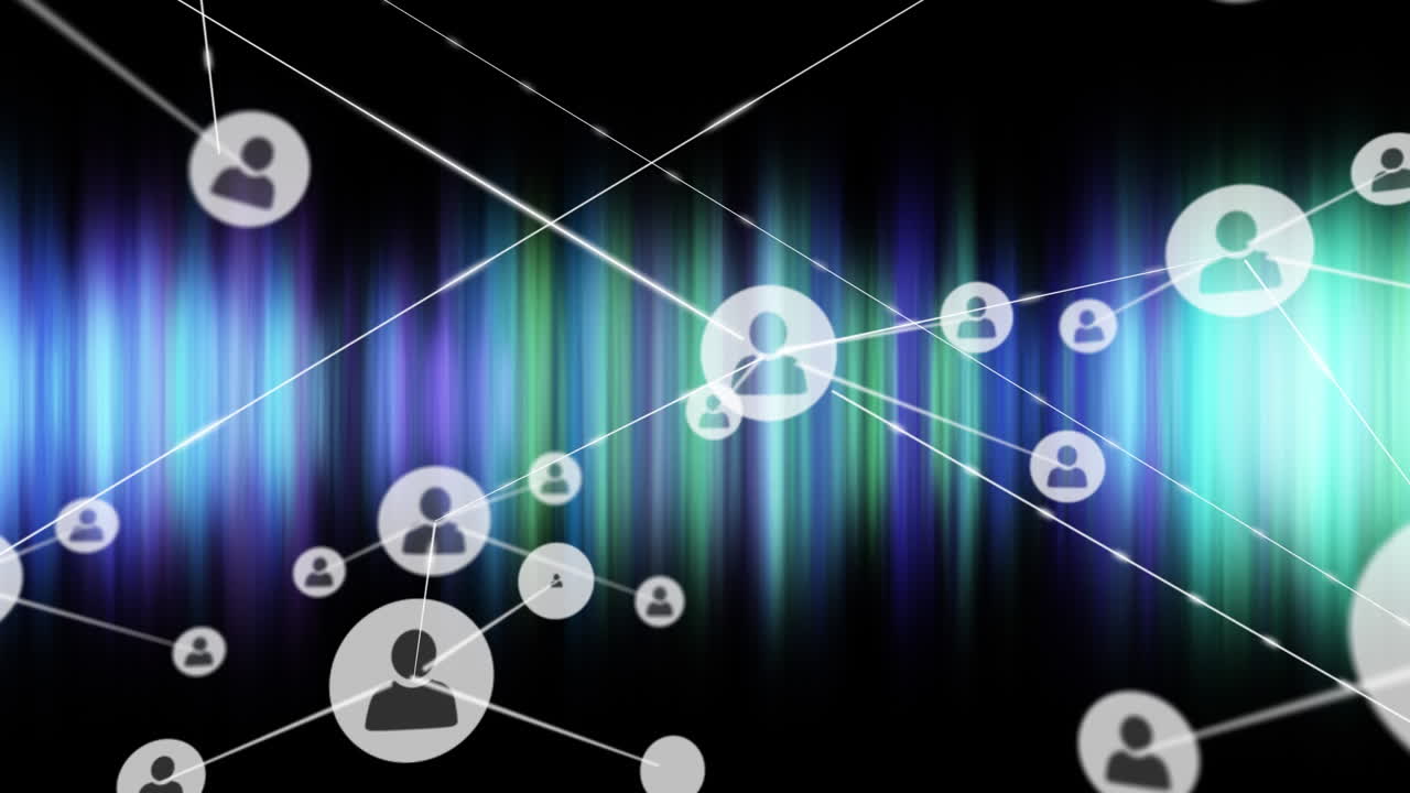 초록색과 파란색 선으로 검은색 바탕에 사용자 아이콘의 연결 네트워크의 애니메이션